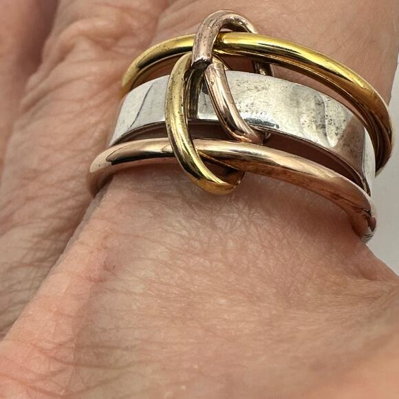 J Crew Sterling Silver 925 Ring Size 8 Stamped Mixed Metal Trio Set Interlocking - Picture 1 of 11